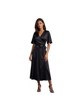 Laundry by Shelli Segal Black Satin Wrap Midi Dress Size 6 NWT